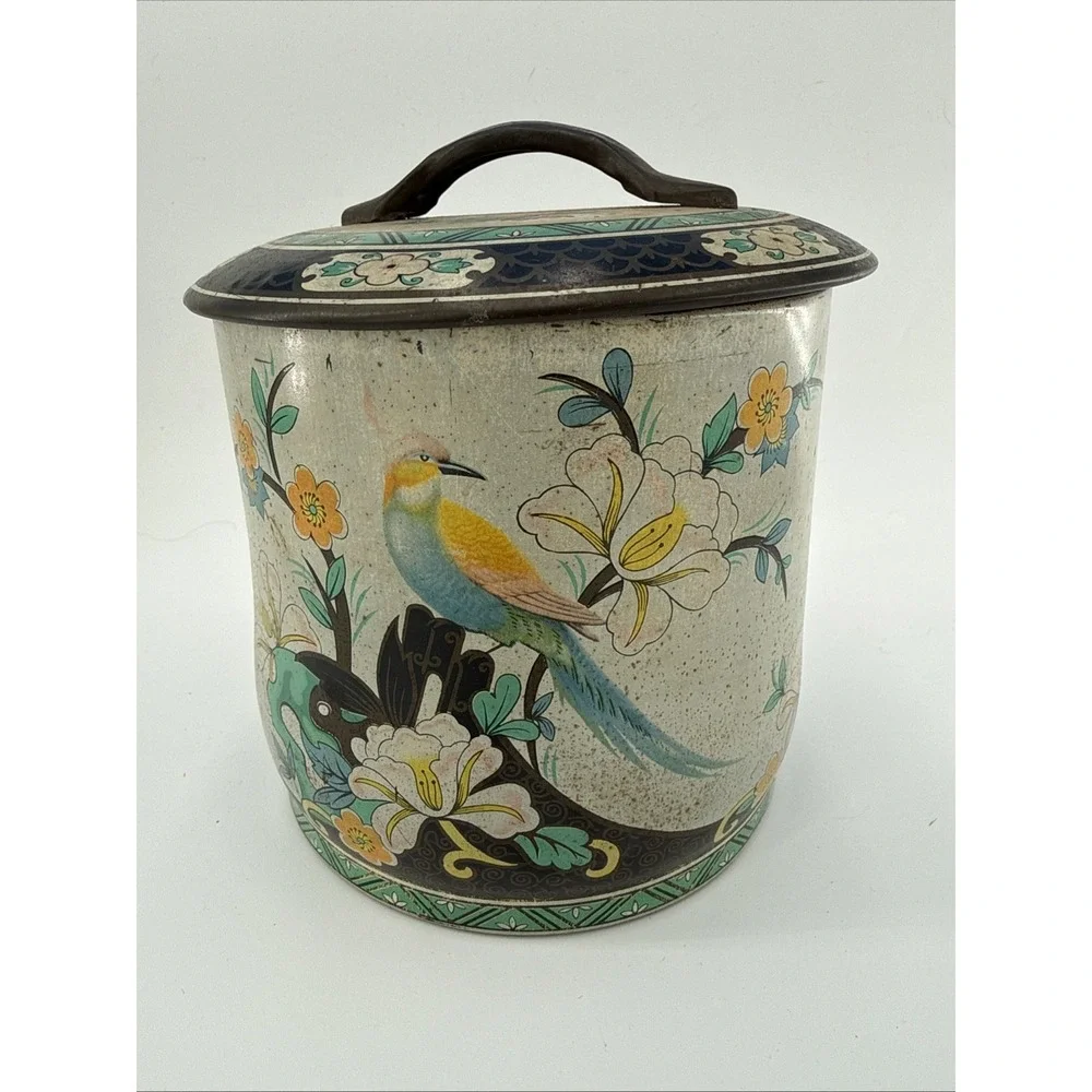 Vintage 1940s Chinoiserie Bird Floral Metal Tin Canister w/ Lid Handle